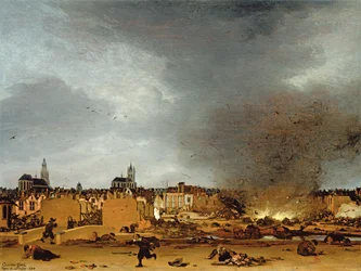 Ansicht von Delft mit der Explosion von 1654, 1654